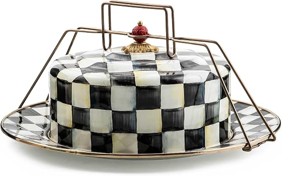 MACKENZIE-CHILDS Enamel Cake Carrier, Cake-Dish Serving Platter with Lid and Handles, Black-and-White Courtly Check