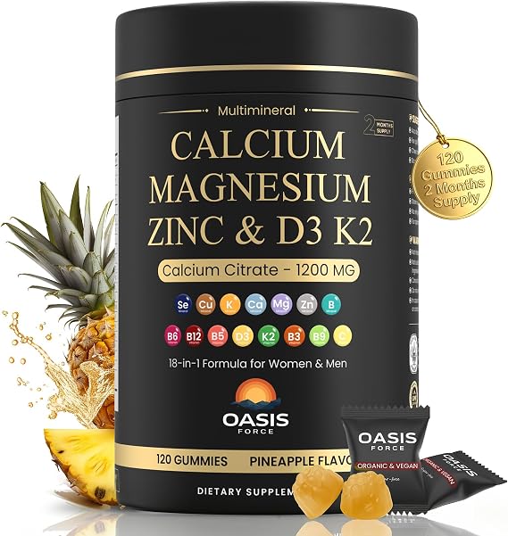 Calcium 1200 mg with Vitamin D3 Gummies, Calcium Citrate Supplements for Women & Men with Magnesium, Zinc, Vitamin D3 & K2, Potassium, Chews for Bone Strength & Muscle Support, Sugar Free, Vegan