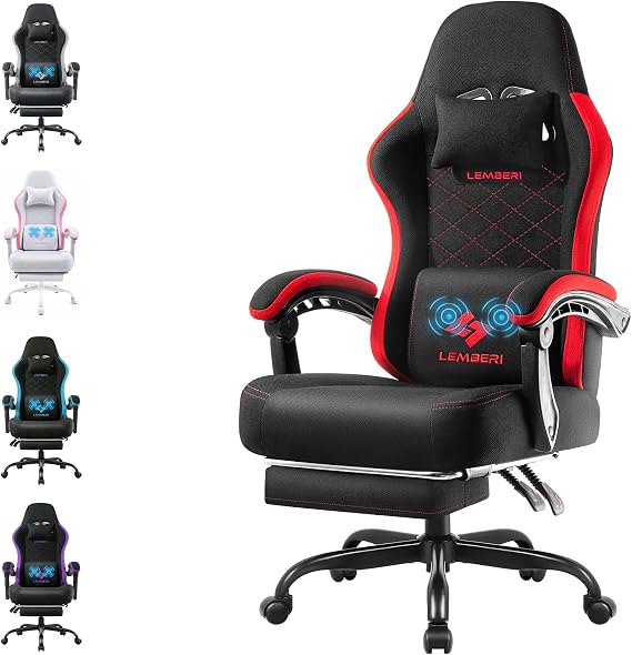 LEMBERI Gaming Chair, Fabric Big and Tall Video Game Chairs with Footrest, Massage Lumbar Support, Racing Style Ergonomic Computer Gamer Chair with Adjustable Headrest (Red)