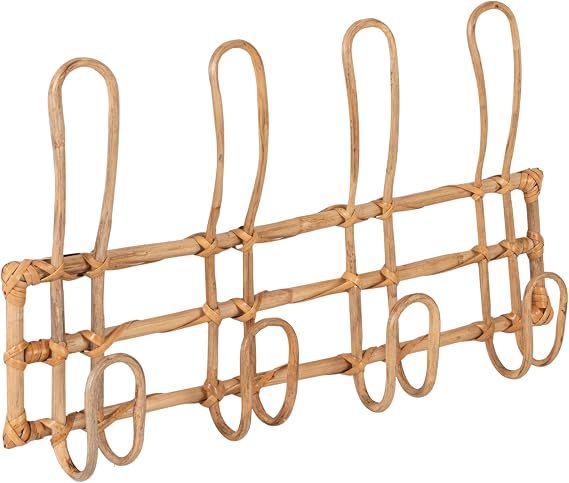 Beige Rattan Wall Hanger with 4 Hooks
