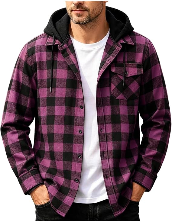 Flannel Shirt for Men Casual Long Sleeve Button Down Plaid Shirts Jackets Loose Drawstring Hooded Tops with Pocket