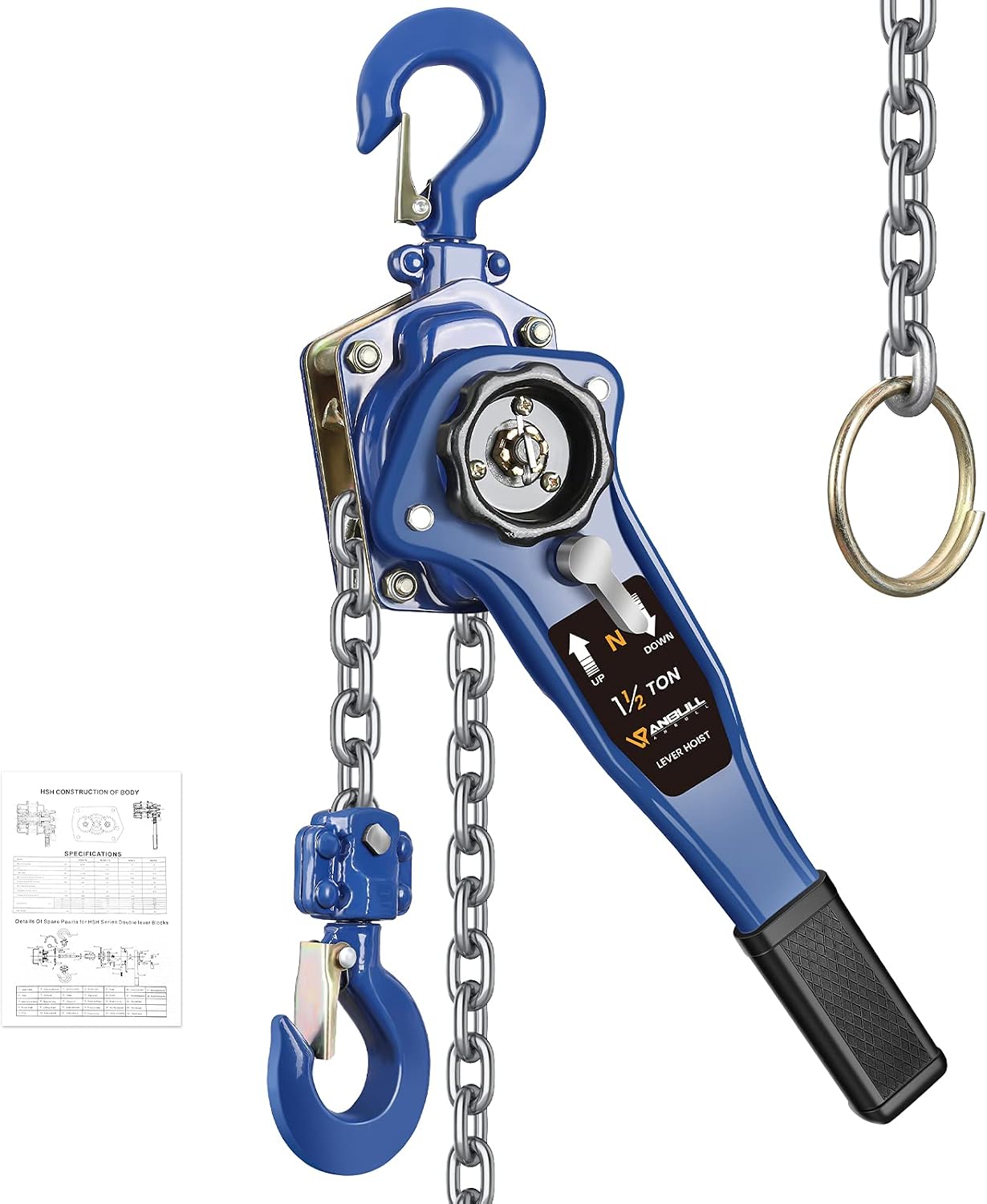 ANBULL Lever Chain Hoist 3300LBS 20FT, 1-12 Ton 6M Manual Ratchet Chain Puller Hoist wG80 Galvanized Chain & Portable Hooks, lever block hand come along