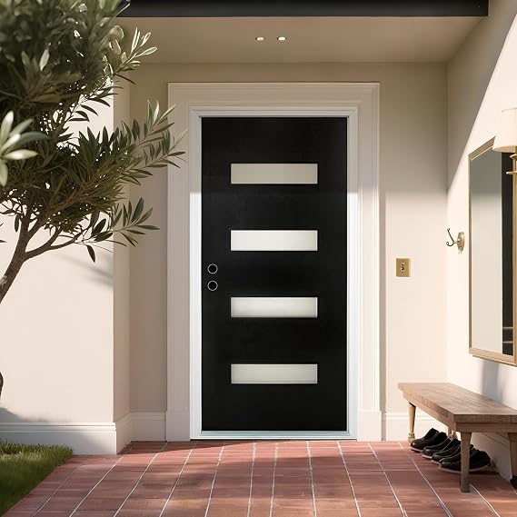 36 x 80 Fiberglass Entry Door with Brickmould - Contemporary Style, Frosted Glass, Right Hand Inswing, Black Finish, White Vinyl Frame