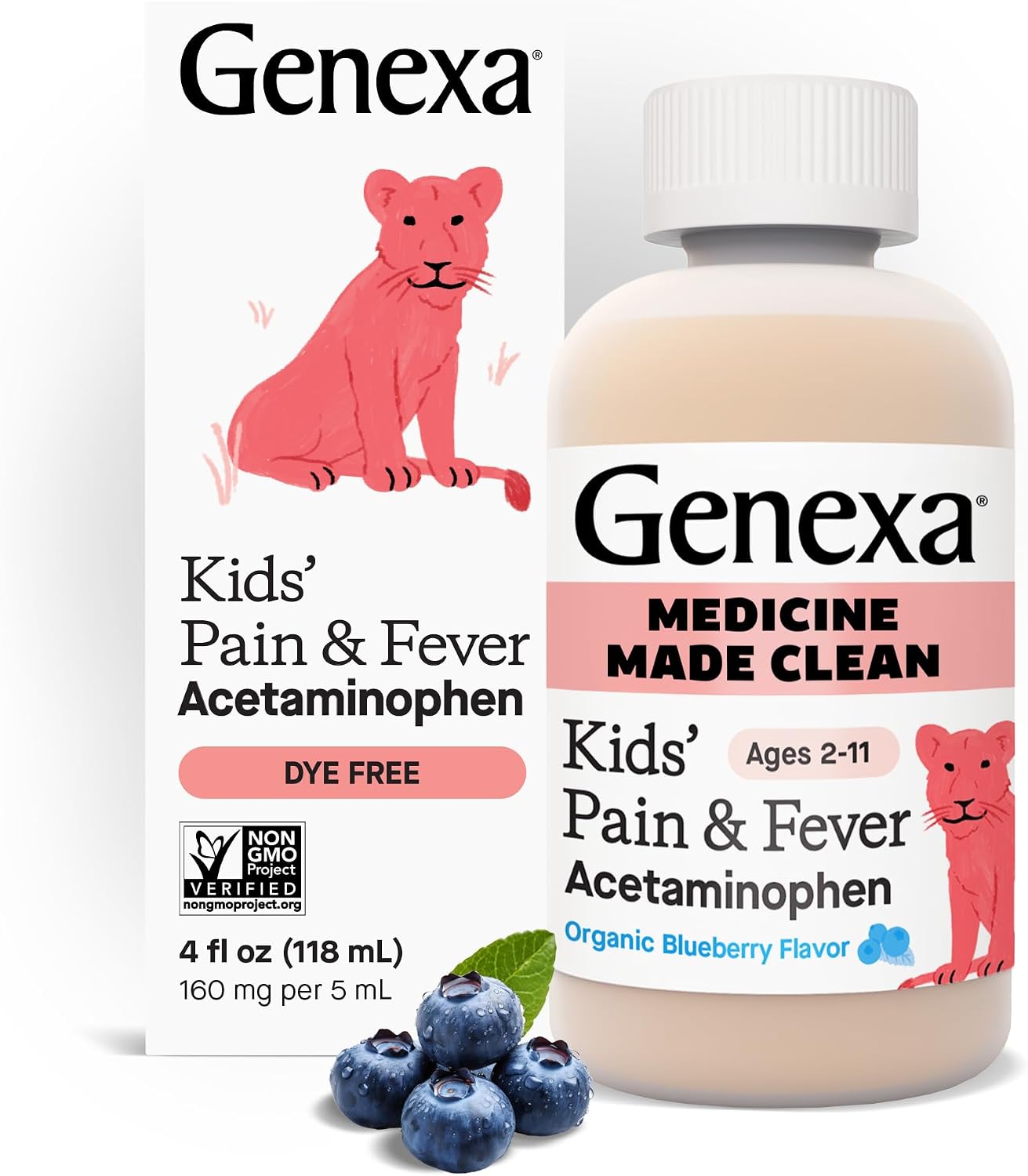 Genexa Kids’ Clean Pain & Fever Acetaminophen, Dye Free, 0% Artificial Additives, Delicious Organic Blueberry Flavor, Liquid Oral Suspension Medicine for Children 2-11, 160 mg per 5mL, 4 fl oz