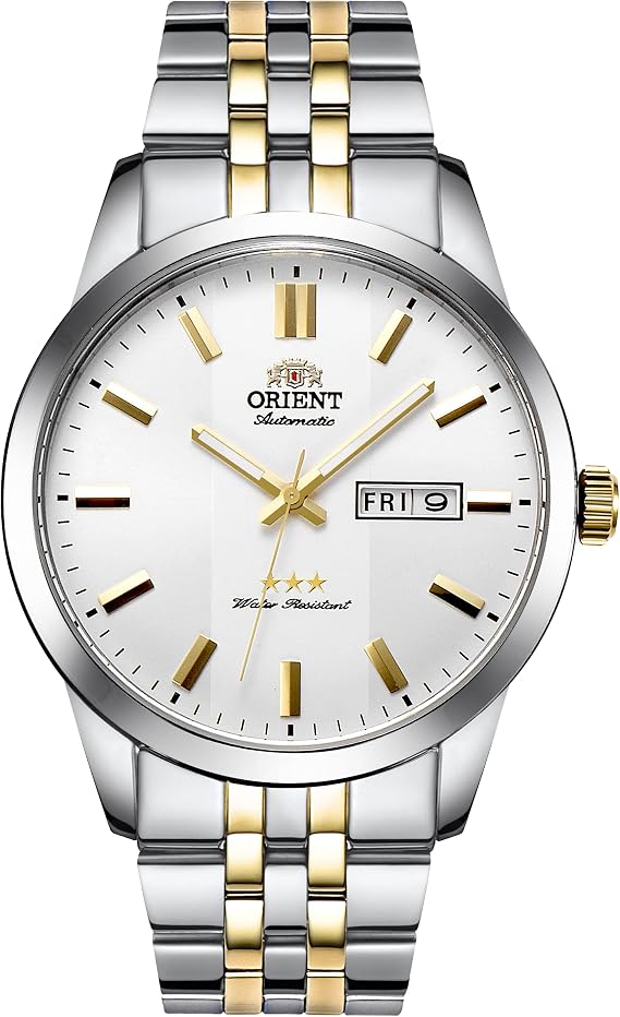 Orient Tristar 3 Star Automatic Watch for Men, Classic Golden Hour Markers Golden Hands Dress Watch Stainless Steel SAB0B008WB