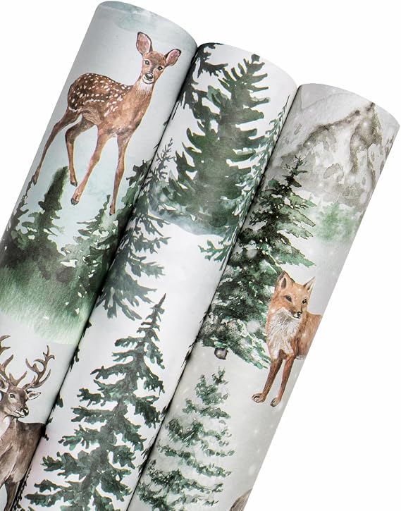 WRAPAHOLIC Kraft Christmas Wrapping Paper Roll - Mini Roll - 3 Rolls - 17 Inch x 120 Inch Per Roll - Watercolor Elk, Wild Animal and Winter Forest Landscape Holiday Collection