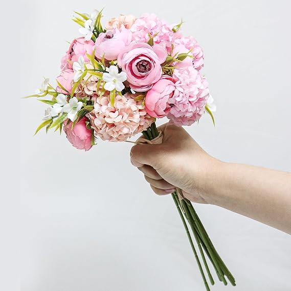 Zerzsy Pink Peonies Artificial Flowers, 10 Branch Burgundy Faux Peonies, Silk Flower Bouquet for Centerpiece Table Wedding Home Decor