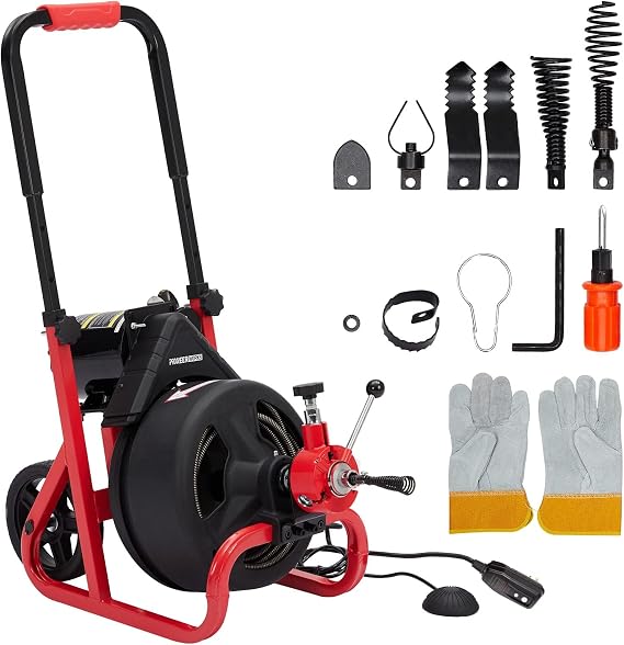 75Ft x 1/2 Inch Drain Cleaner Machine, Electric Drain Snake with 6 Cutters Gloves, Electric Drain Clog Remover Plumbing Tool for 2 to 4 in Pipes, Auto Feed Sewer Snake Auger Drain Auger Cleaner
