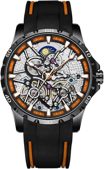 Men's Skeleton Watches Automatic Mechanical Watch with Dual Balance Wheels (Black Orange)