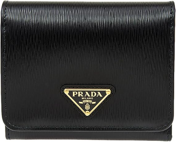 Prada Unisex Vitello Move Trifold Compact Wallet Black Leather Triangle Plaque New