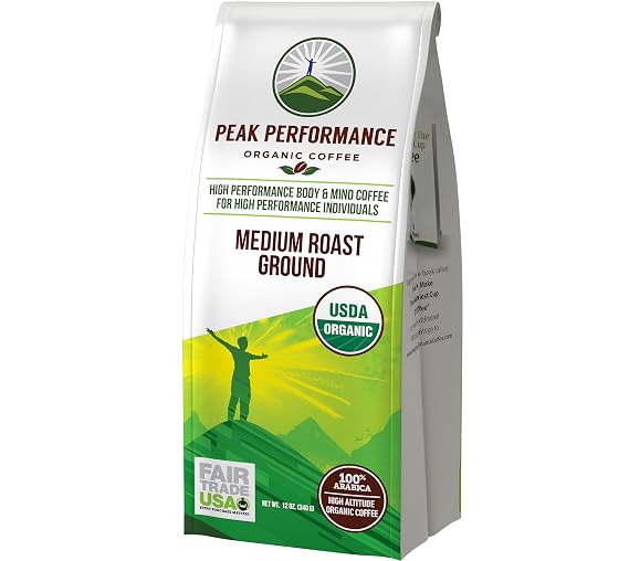 Peak Performance High Altitude Organic Coffee. Medium Roast Ground Bag