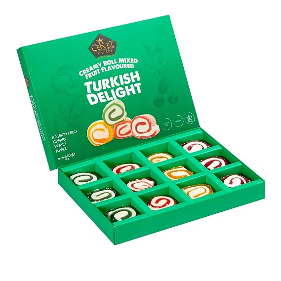 Cerez Pazari Turkish Delight Candy, Creamy Roll Mixed Fruit Flavored Vegan Gifts, Gourmet Snacks Gift Box | Gluten-Free Vegan Candy, Plant Based Snacks, Traditional Gourmet Dessert, 12 oz.