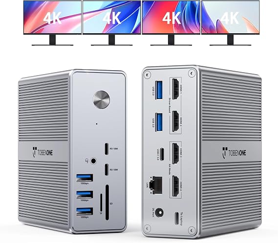 TobenONE 18-in-1 DisplayLink Docking Station 4 Monitor with 4 HDMI | Quad/Triple 4K@60Hz Dock, 120W Power Adapter, 18W Phone Fast Charge, for Windows & MacBook, Ideal for Tech Professionals