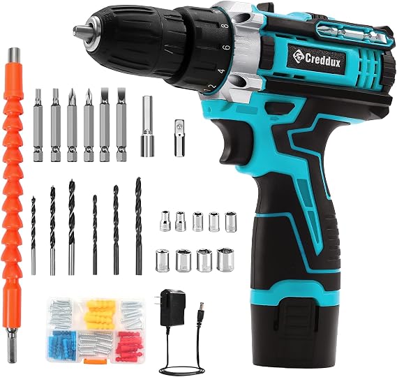 84pcs Cordless Drill Set Creddux Power Drill Cordless Sets Variable Speed, Electric Drills 18+1 Torque Setting, Built-In Led Light, Level and 2 Driver Bits Z Set Blue