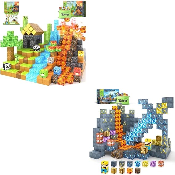 Magnetic Blocks-Build Mine Magnet World Dinosaur Panda Mine Sword Caverns Toys, Toddler STEM Educational Sensory Toys for Kids for 3+