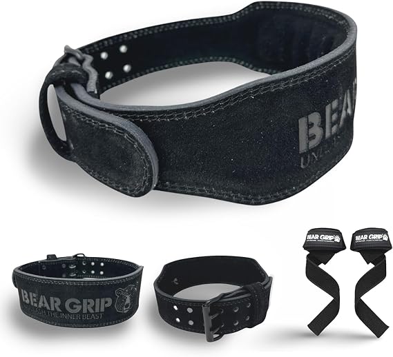 BEAR GRIP Premium Suede Weight Lifting Belt with Lifting Straps – Double Prong Gym Belt for Men &amp; Women, Lumbar &amp; Back Support for Powerlifting, Deadlifts, Bodybuilding &amp; Strength Training
