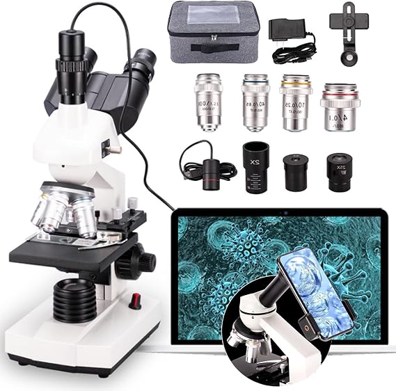 40x-5000x Trinocular Microscope| Lab Compound Trinocular Microscope,Double Mechanical Stage+Ultra-Precise Focusing+5 Million Pixel E- Eyepiece,for Aquaculture/Education/Chemistry,White