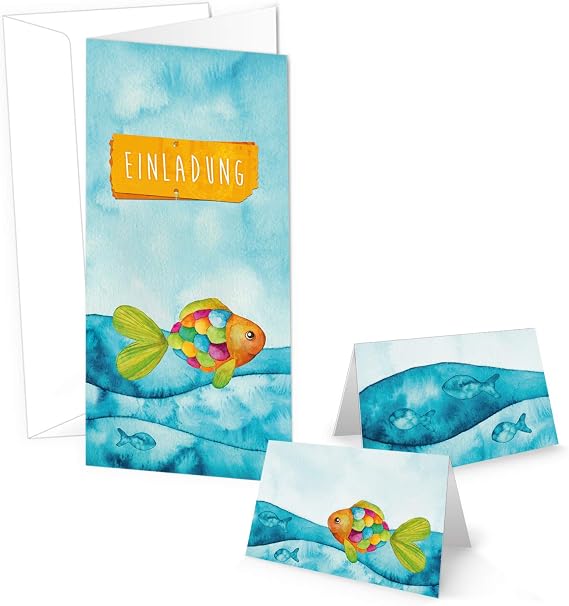 Logbuch-Verlag Set of 10 Invitation Cards + 25 Place Cards Fish Rainbow Fish Blue Maritime Communion Christening