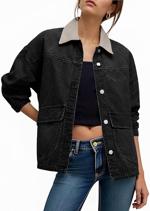 Tankaneo Womens Oversized Denim Jacket Casual Contrast Canvas Collar Button Down Jean Jackets with Pockets
