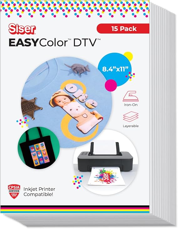 SISER EasyColor DTV 8.4'' x 11'' Sheets - Inkjet Printer Compatible Heat Transfer Vinyl (15 Sheets)