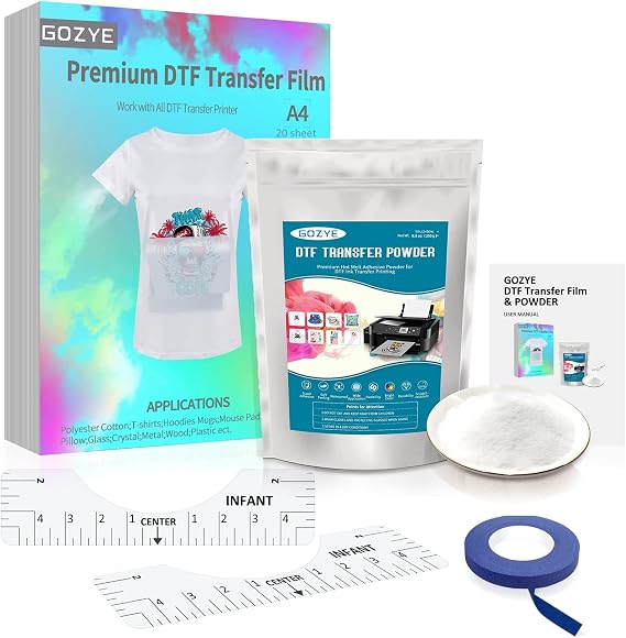 DTF Transfer Film and DTF Powder Set, DTF Film Starter Kit | 20 Sheets A4 PET Film, 8.8 oz Hot Melt Powder, 45 ft Recognition Tape, 2Pcs T-Shirt Ruler Guide for DTF Printing on T-Shirts