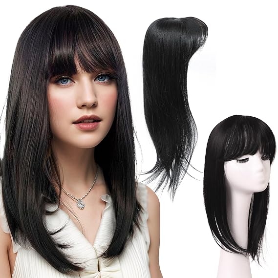Hair Toppers for Women with Thinning Hair Pieces 18 Inch, 3603D Cover Fluffy Wispy Bangs Hair Clip Long Layered Synthetic Wig Topper with Bangs for Dialy Wear (Black)