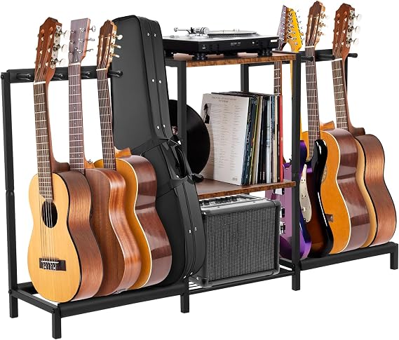 Nisorpa Metal Guitar Stand for 8 Guitars,Floor Guitar Holder with 3-Tier Wood Storage Shelf Multiple Guitars Rack,Display Guitar Amp Stand For Music Studio Acoustic Electric Guitar Bass