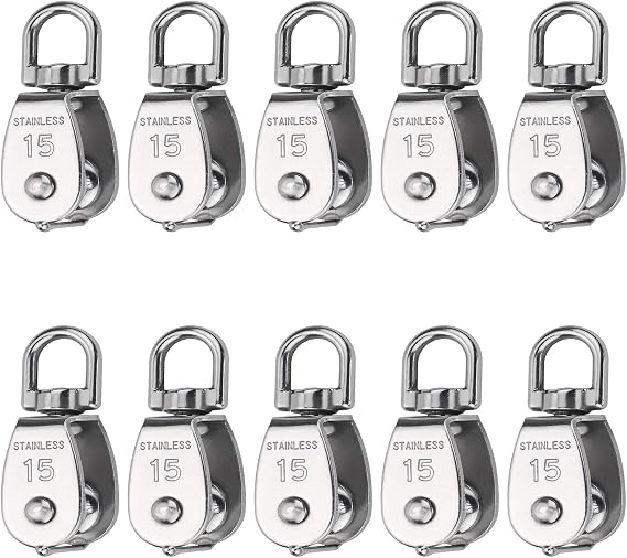 10 Pcs Wire Rope Crane Pulley Block Lifting Crane Swivel Hook Single Pulley Block Hanging Wire Towing Wheel, 304 Stainless Steel (M15)