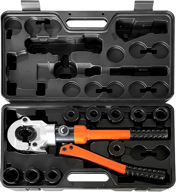Hydraulic Crimping Pliers,Press Tool Plumbing,Includes 5 Copper Tube Crimping Dies: 12, 15, 18, 22, 28mm, Suitable for Copper Tube Crimping, Plus 4 PEX-AL-PEX Tube Dies: 16, 20, 26, 32mm.
