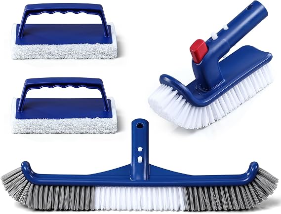 3-in-1 Full-Coverage Pool Brush Head Set - Includes 17.5" Long Brush, Rotatable Handheld/Extension Pole Brush, Sponge Brush, Durable Scrubber Brush Set for Pool Floors/Corners/Steps
