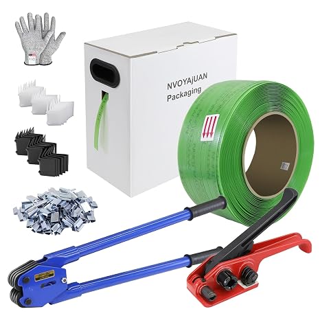 Banding Strapping Kit with 5/8" x1000 ft Green Polyester (PET) Band 200 Metal Seals 200 Plastic Edge Protectors Tensioner Sealer Tool for Pallet Box Packaging