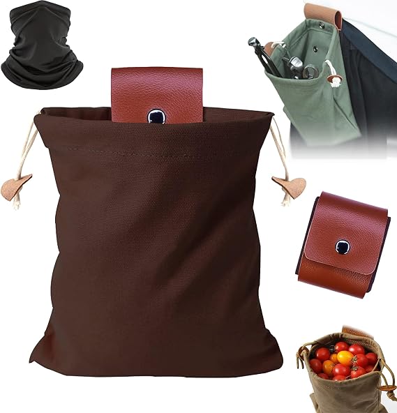 Alkyne Foldable Canvas Belt Bag, Collapsible Foraging Bag, Leather Foraging Pouch Mushroom Bags Basket for Travel Camping Hiking Bag