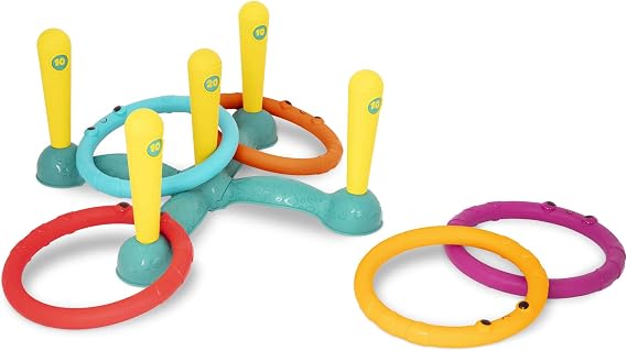 B. toys, Sling-A-Ring Toss, 12-Piece Indoor Outdoor | 12-piece with 2-piece base, 5 numbered pegs, and 5 colorful rings for indoor and outdoor play, 3+ Years