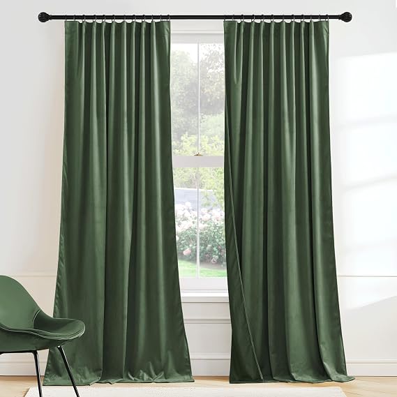 RYB HOME Green Velvet Curtains 63 inches Length with Hook Belt