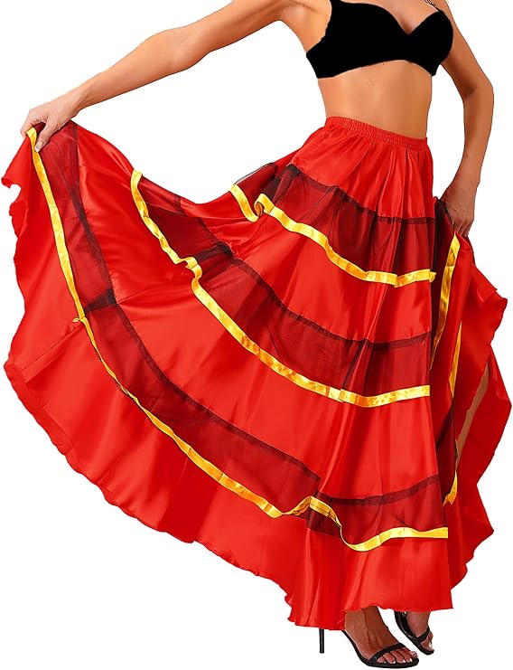 Womens Long Full Circle Spanish Bull Folkloric Mexican Flamenco Belly Dance Skirt Big Swing Dancing Dress Costume