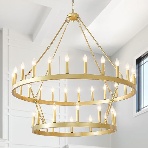 EGM 48" 2-Tier Gold Wagon Wheel Chandelier 36-Light Farmhouse Light Fixture | Brushed Gold Finish, Extra Large Round Rustic Candle Ceiling Light Fixtures, Living Room Dining Room Bedroom, E12 Base