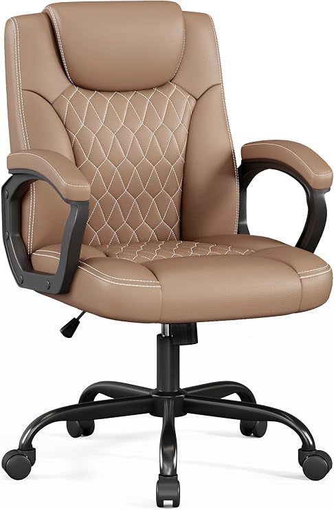 Misolant Office Chair, Executive Desk Chair, PU Leather Comfortable Ergonomic Chairs with Fixed Armrest, Adjustable Height, Rocking Function, 360 Swivel Wheels, Brown
