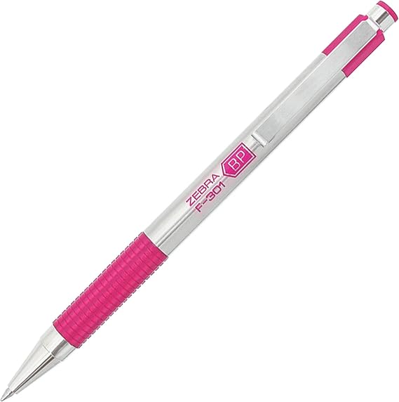 Zebra Pen F-301 Retractable Ballpoint Pen, Stainless Steel Barrel with BCA Pink Accents, Fine Point, 0.7mm, Black Ink, 1-Pack