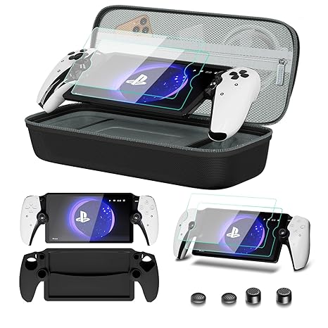 bibuks 8 in 1 Accessories Compatible with Playstation Portal,Carrying Case for PS Portal,Soft Silicone Protective Cover for PS5 Portal,2 Screen Protector with 4 Thumb Grip (Black)