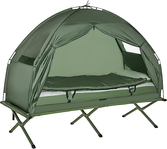 Outsunny Camping Tent Cot 6-in-1 Single Person Folding Tent Cot Combo | Mattress, Pillow, Sleeping Bag, Bed Cover, Carry Bag, Portable, Easy Set-Up, Off-Ground, Travel Hiking Backpack Picnic Camp