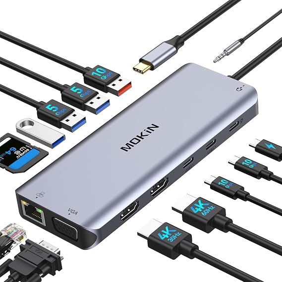 USB C Laptop Docking Station Dual Monitor, 14 in 1 Docking Station 3 Monitors Multiport Adapter with 2 HDMI 4K, VGA, RJ45 Ethernet, 10Gbps USB C/A, 100W PD, SD/Micro SD, 3.5MM Audio&Mic for Dell HP