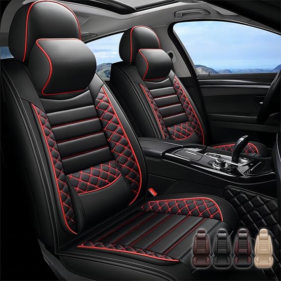 Seat Covers for BMW X3 2005-2024 2025 2026, Luxury Leather Car Seat Cover Full Set Waterproof 5 Seat Protectors,Breathable Vehicle Seat Cover Airbag Compatible Car Cushions(Red Black,with Pillows)