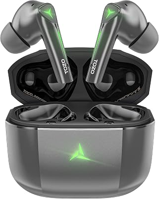 TOZO Wireless Earbuds Bluetooth 5.3 Headphones with 45ms Ultra Low-Latency and Cool Breathing Light, Ergonomic Design, GamingDeep Bass Music Mode Headset Built-in Microphone, Stereo Sound, Gray