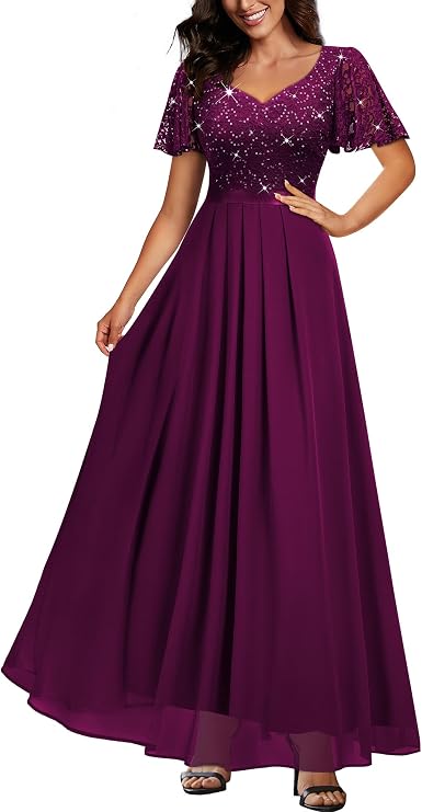 Miusol Women's Retro V-Neck Ruffle Sleeve Sequined Floral Lace Bridesmaid Party Maxi Dress