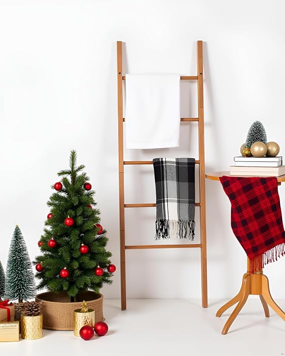5-Tier Freestanding Blanket Ladder, Farmhouse Quilt Rack - White Oak