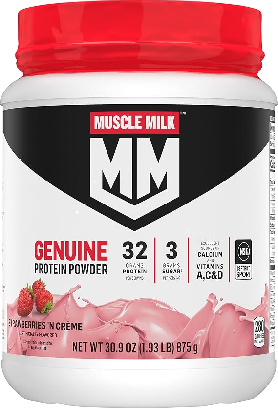 Muscle Milk Genuine Protein Powder, Strawberries 'N Crème, 1.93 Pounds, 12 Servings, 32g Protein, 3g Sugar, Calcium, Vitamins A, C & D, NSF Certified for Sport, Energizing Snack, Packaging May Vary