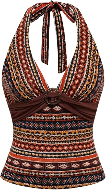Milumia Women's Boho Halter Top Western Hippie Clothes 2000s Festival | V Neck,Tie Backless,Earthy Outfits Women,Country Concert Outfits,70s Outfits
