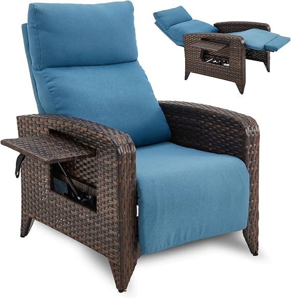 ZZW Upgraded Outdoor Recliner Chair, Reclining Patio Chairs with Adjustable Back up to 150Lay Flat and Extended Footrest, Wicker Recliner Chairs with Flip Table and Removable Olefin Cushion