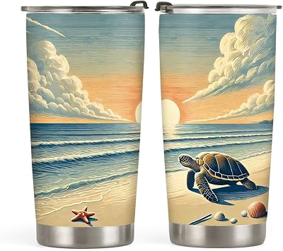 64HYDRO 20oz Sea Turtle Tumbler, Gifts for Turtles Lovers, Ocean, Beach Gifts, Coffee Tumbler for Women, Men, Stainless Steel Double Wall Vacuum Insulated Coffee Mug, Travel Cup with Lid