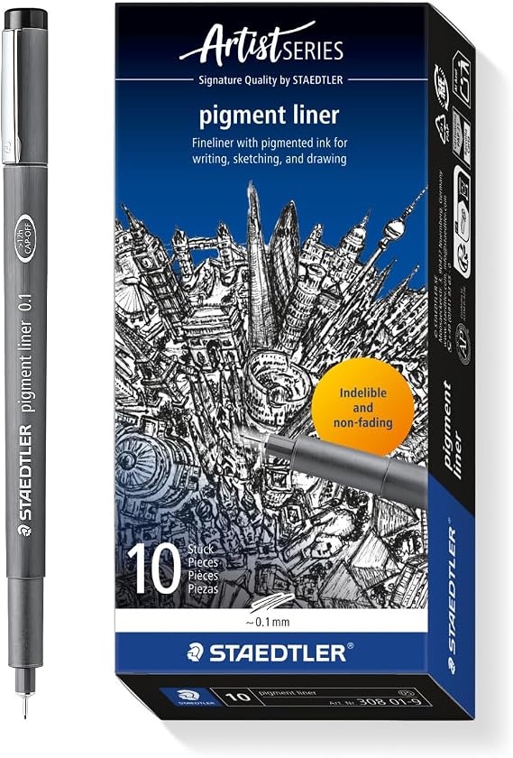 STAEDTLER 308 01-9 Pigment Liner Fineliner Pen for Writing & Technical Drawing - Black, 0.1mm (Box of 10)